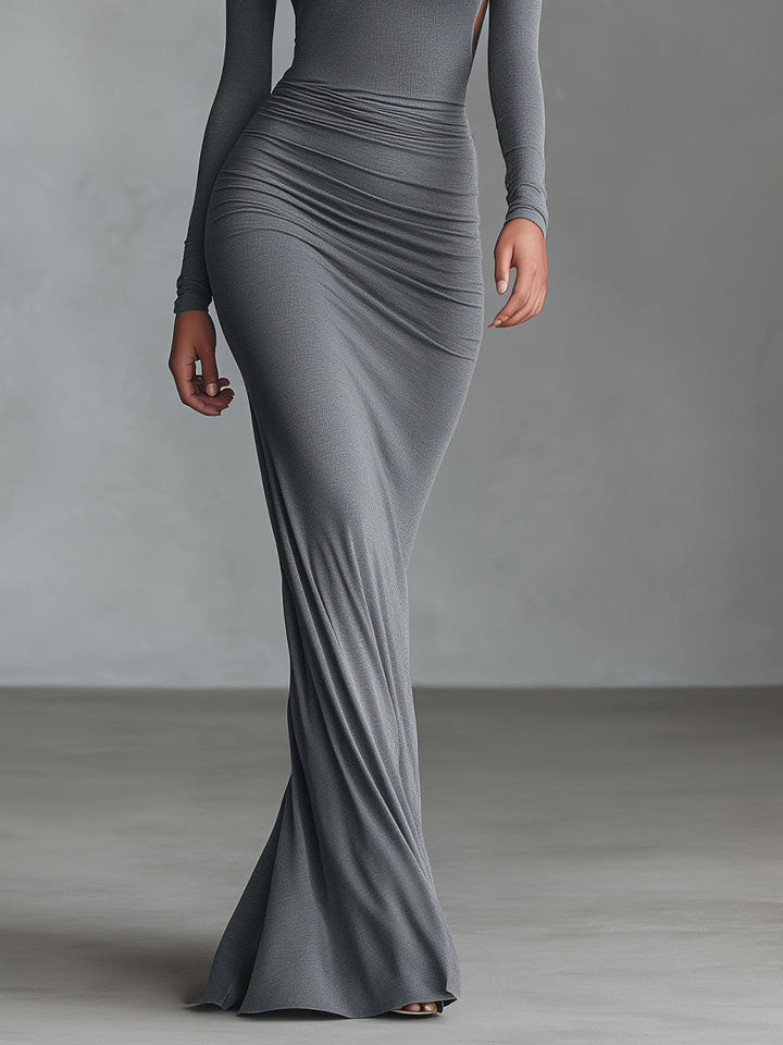 Grey Maxi Dress with Ruched Detail and Open Back for Women