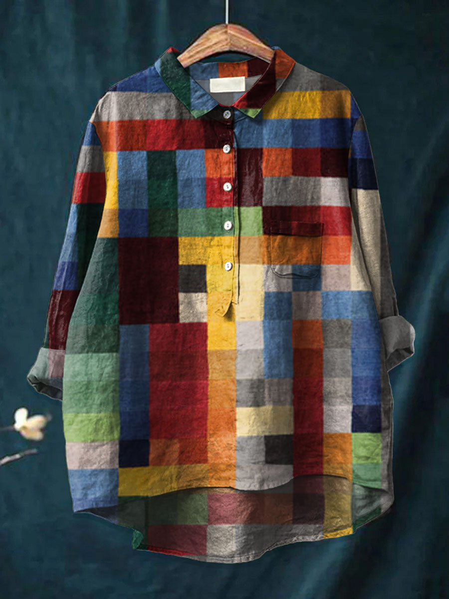 Color Block Print Shirt - Women's Button Down Blouse