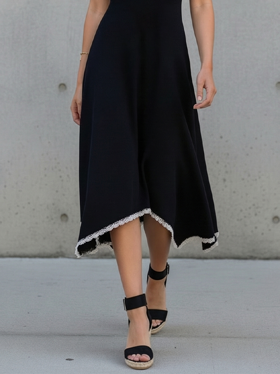 Black Halter Midi Dress with Lace Trim for Women