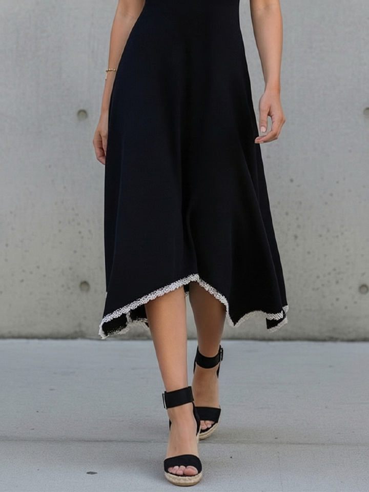 Black Halter Midi Dress with Lace Trim for Women