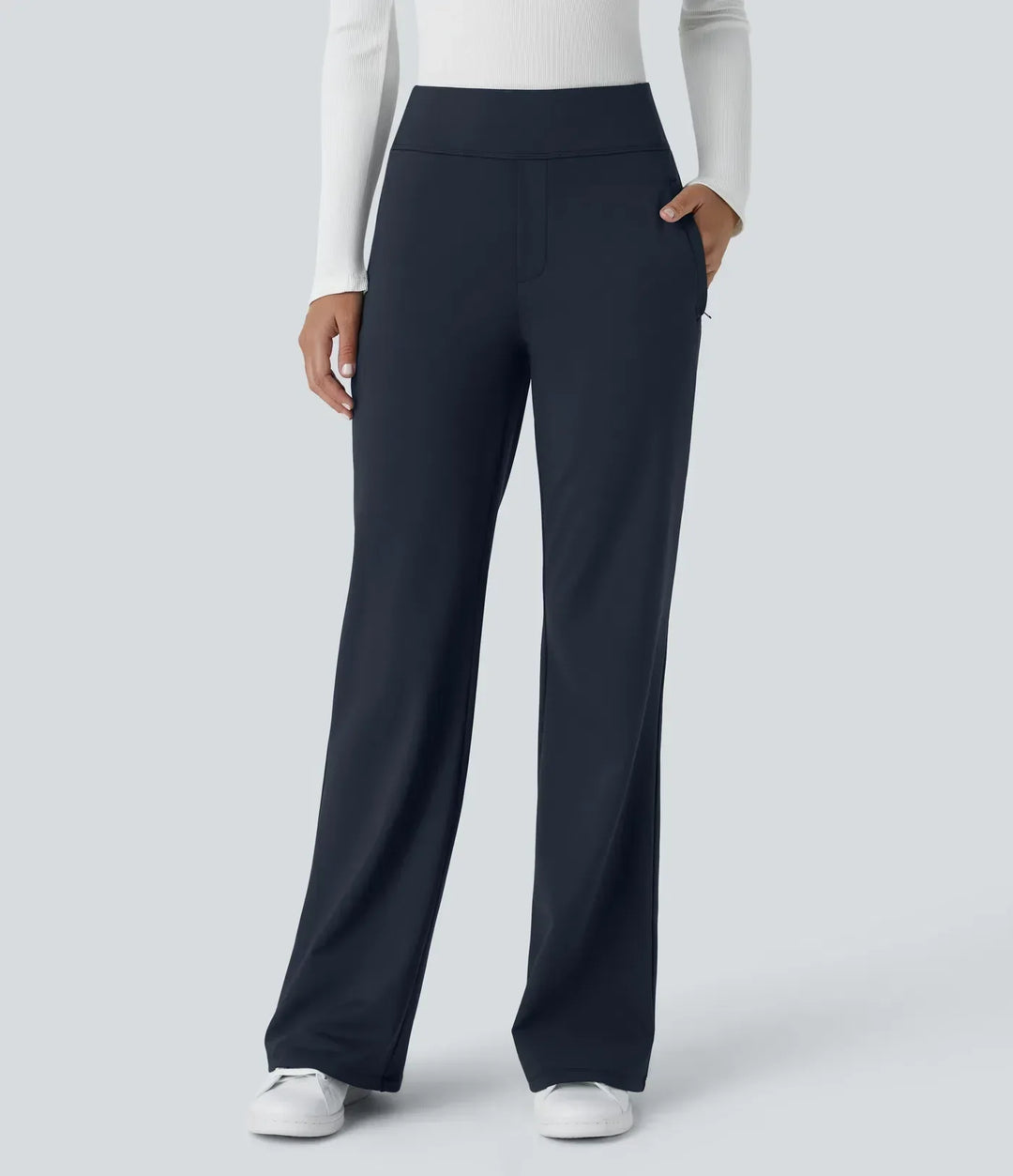 Mid Rise Flare Work Pants with Pockets - Stretch Wrinkle Resistant