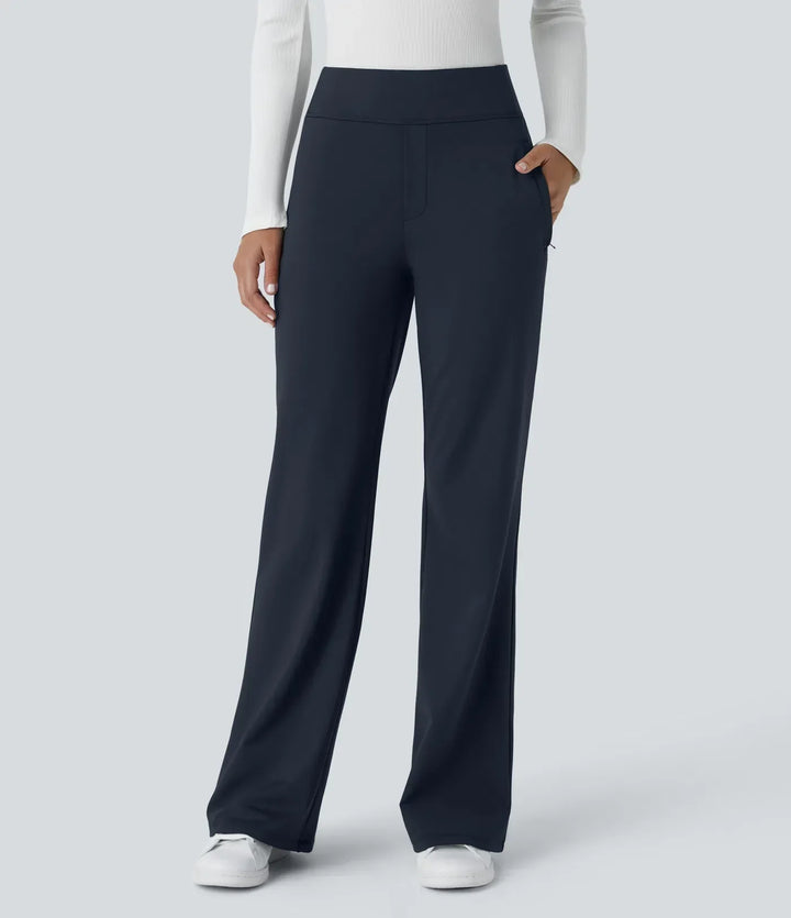 Mid Rise Flare Work Pants with Pockets - Stretch Wrinkle Resistant