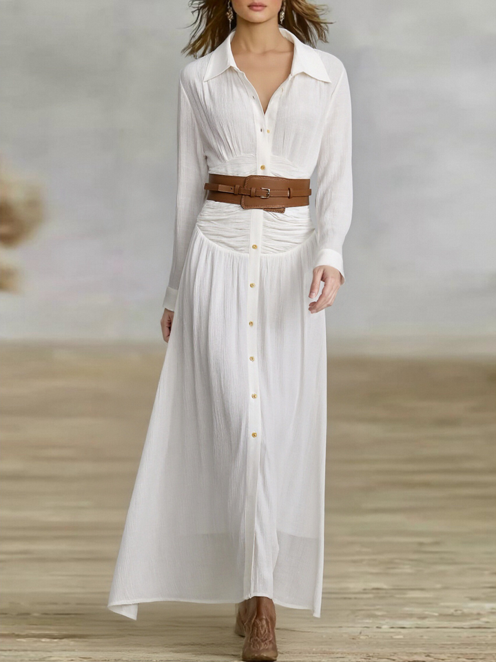 Long Sleeve Maxi Dress with Button Front and Pleated Detail