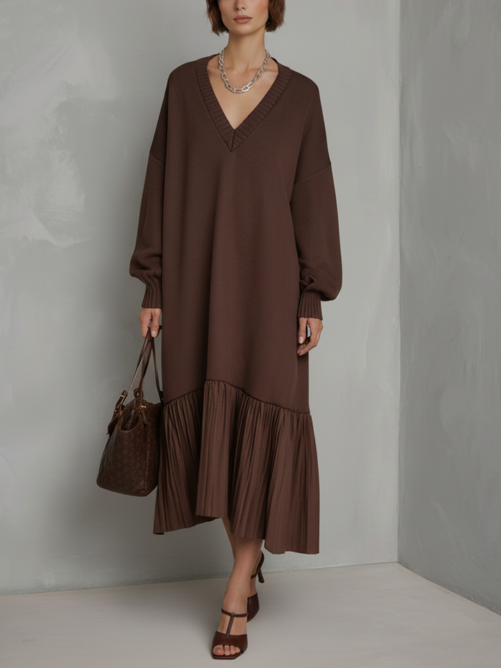 Ribbed Knit Midi Dress with Pleated Hem