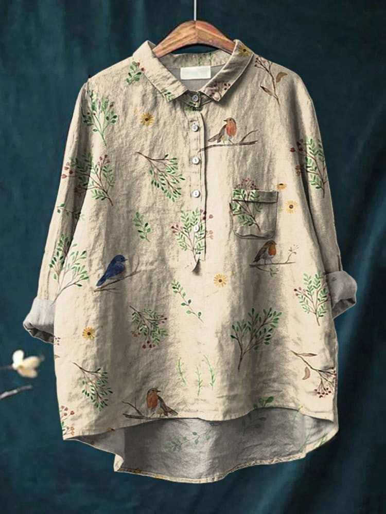 Birdsong Print Shirt for Women | Classic Button Down Blouse