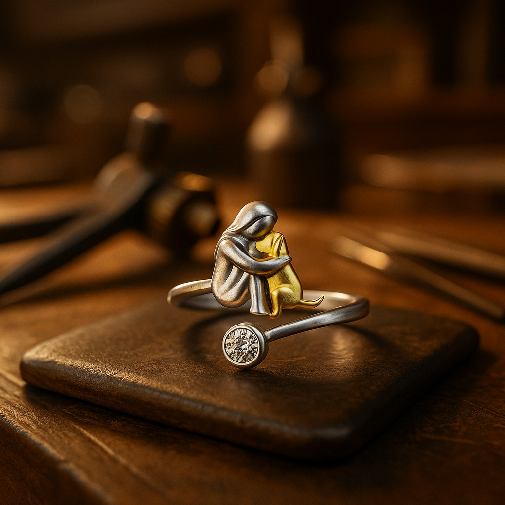 Sterling Silver Dog Lover Ring - Adjustable Woman and Dog Hug Design