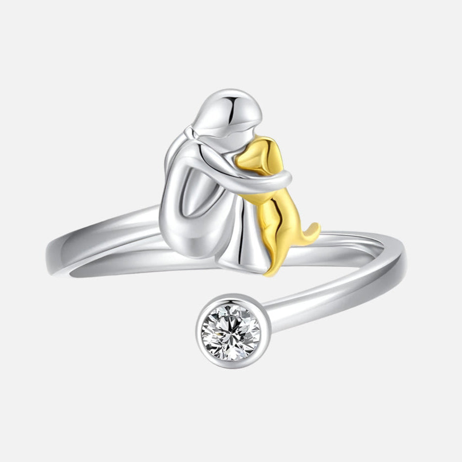 Sterling Silver Dog Lover Ring - Adjustable Woman and Dog Hug Design