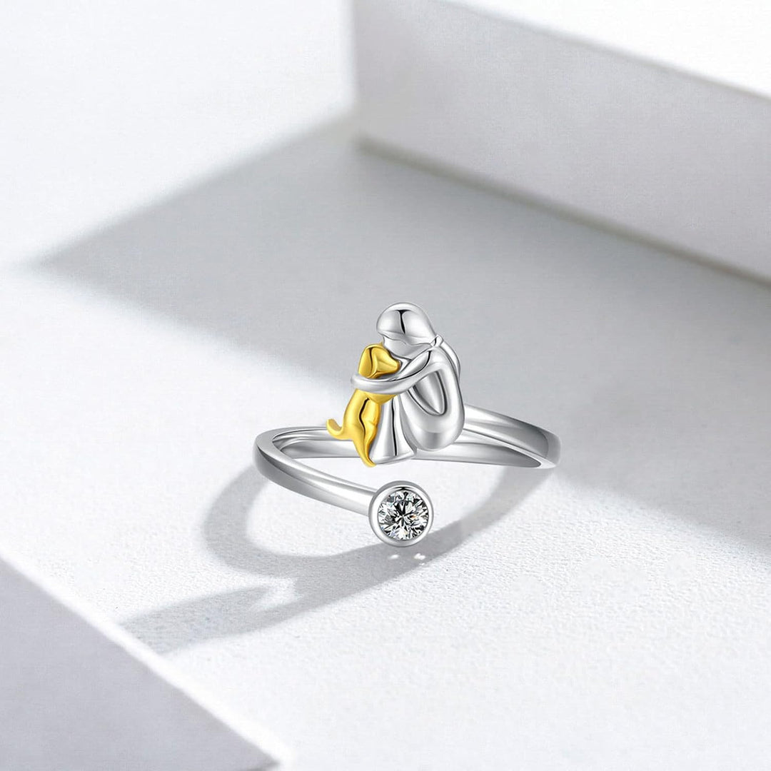 Sterling Silver Dog Lover Ring - Adjustable Woman and Dog Hug Design
