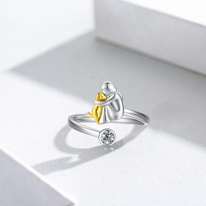 Sterling Silver Dog Lover Ring - Adjustable Woman and Dog Hug Design