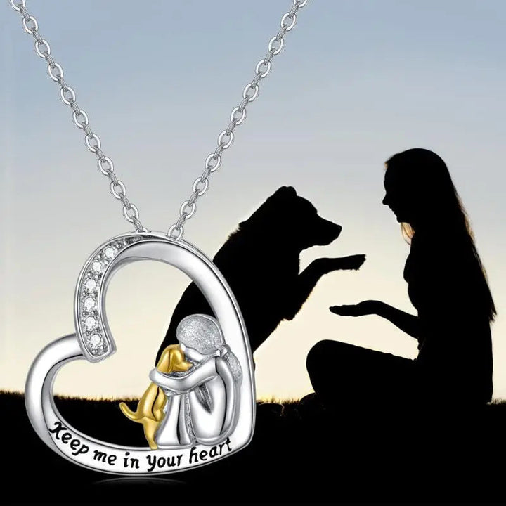 Sterling Silver Heart Necklace with Dog Pendant and Cubic Zirconia
