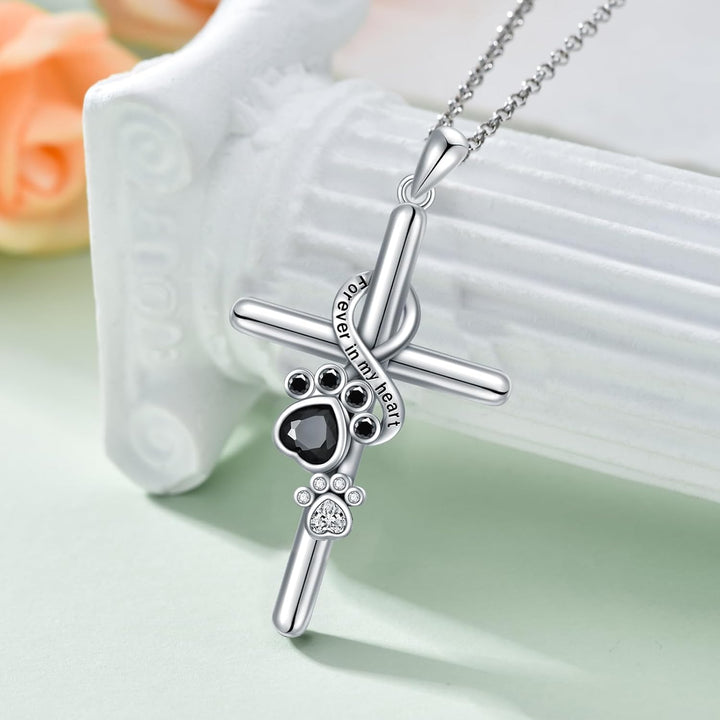 Sterling Silver Paw Print Cross Necklace for Dog Lovers