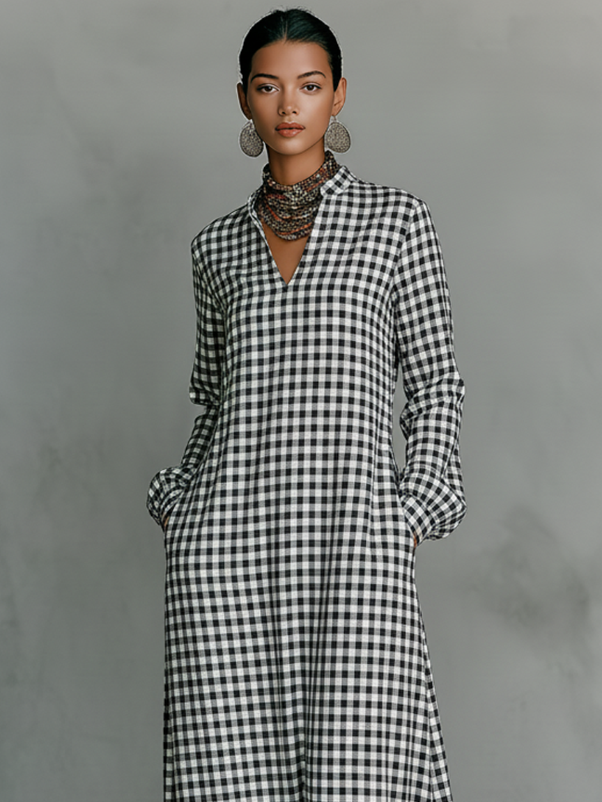 Cotton Plaid Maxi Dress with V-Neck and Long Sleeves