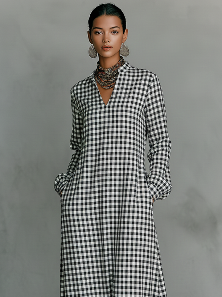 Cotton Plaid Maxi Dress with V-Neck and Long Sleeves