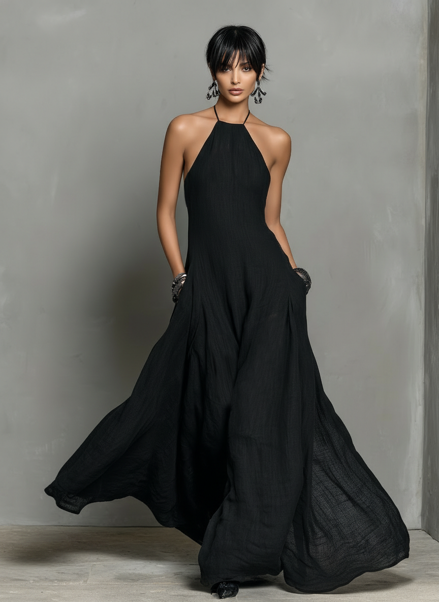 Linen Maxi Dress Halter Neck Sleeveless Summer Dress