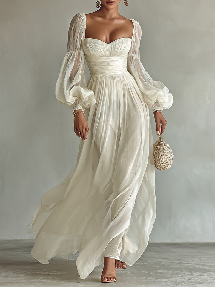 Chiffon Maxi Dress with Long Sleeves and Square Neckline