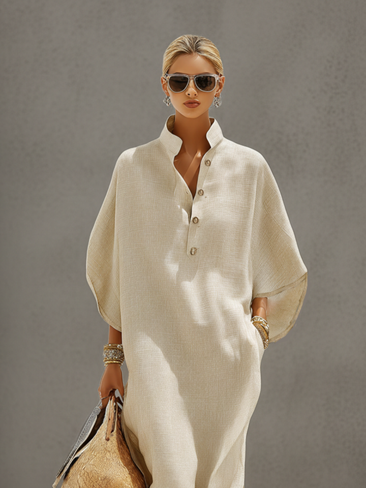 Linen Maxi Dress with Mandarin Collar for Women