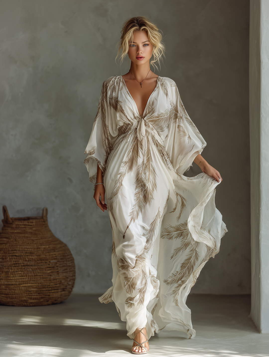 Maxi Dress with Palm Leaf Print and Twist Front Detail