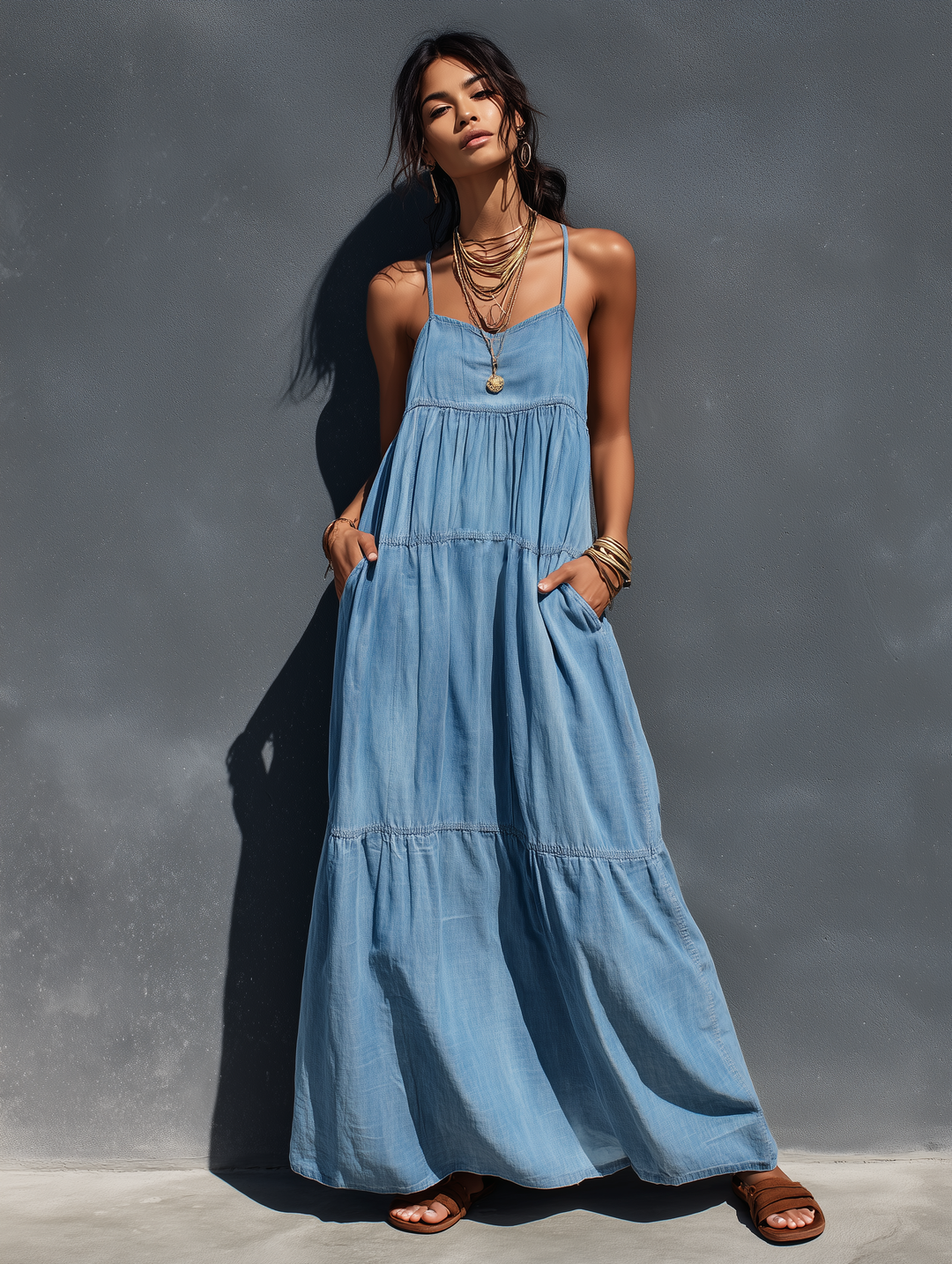 Denim Maxi Dress with Adjustable Suspenders - Casual Blue