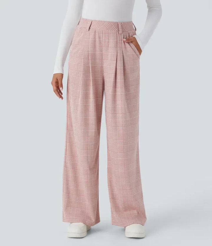 Wide Leg Plaid Pants - High Waisted Houndstooth Trousers