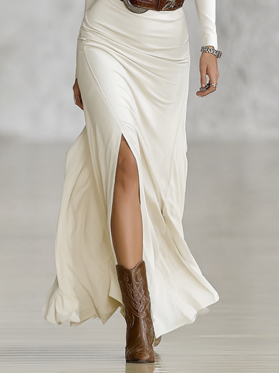 Long Sleeve Maxi Dress with Lapel Collar and Cinched Waist