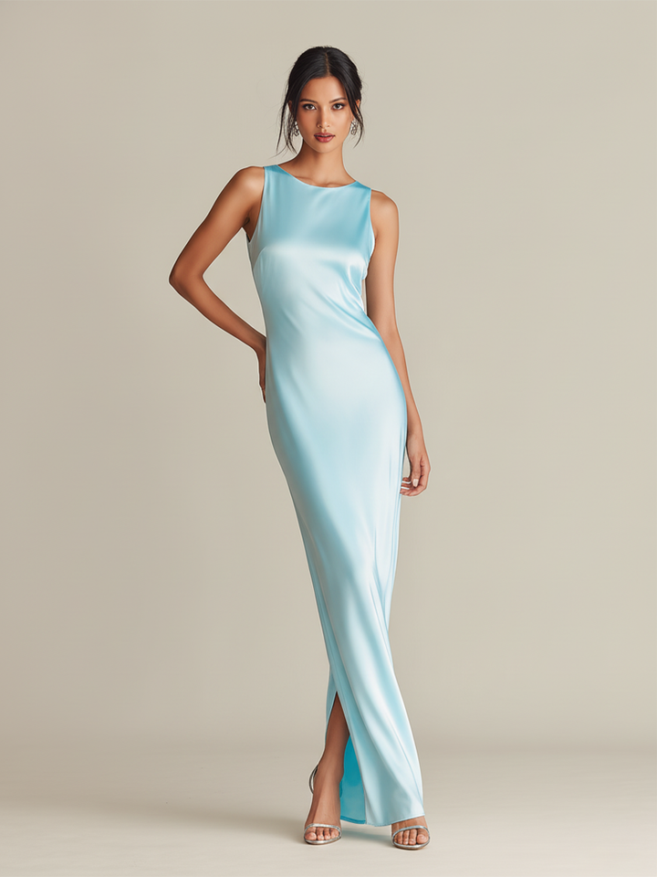 Satin Maxi Dress Sleeveless Crew Neck with Side Slit