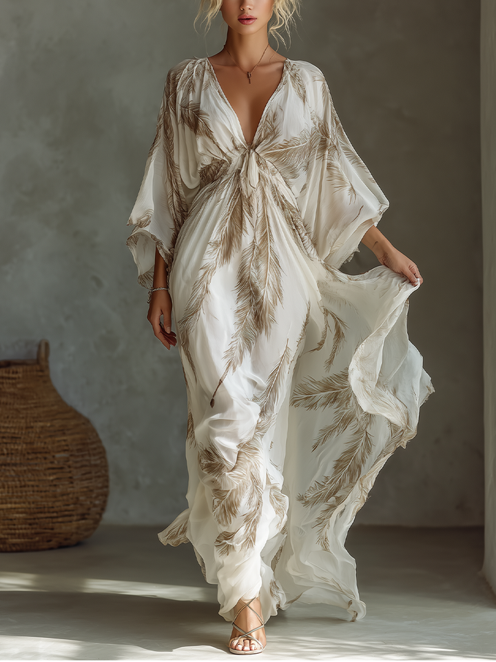 Maxi Dress with Palm Leaf Print and Twist Front Detail