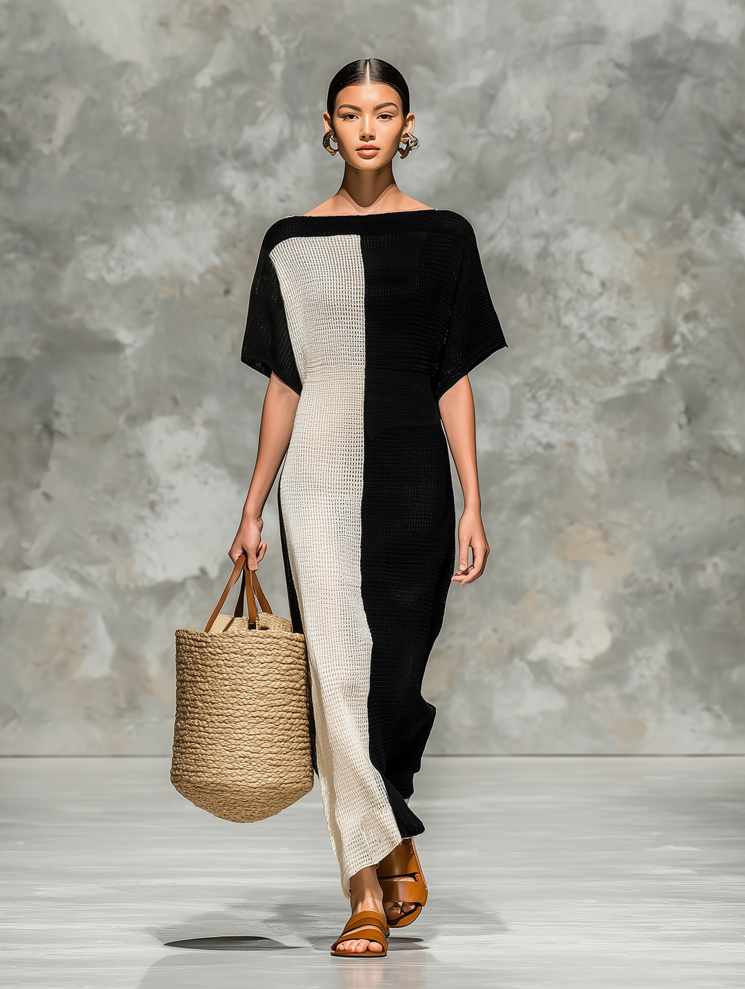 Knit Maxi Dress with Boat Neck and Short Sleeves