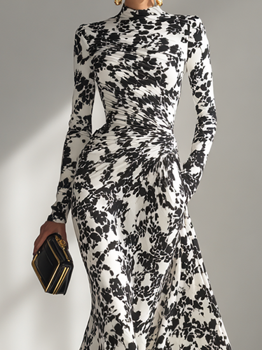 Floral Maxi Dress Long Sleeve High Neck Black White Print