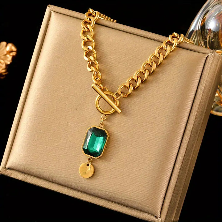 Gold Chain Necklace with Emerald Pendant | Chunky Statement Jewelry
