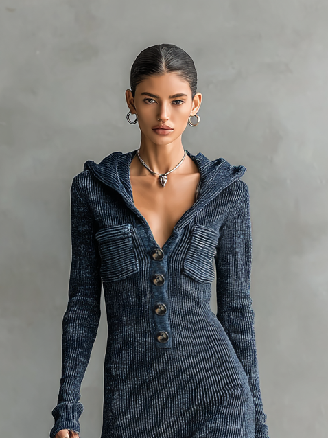 Hooded Knit Maxi Dress - Casual Long Sleeve Sweater Dress