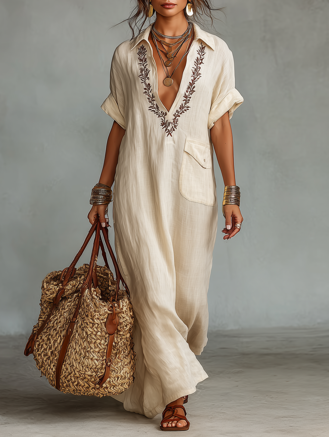 Linen Maxi Dress with Embroidered Details Short Sleeve