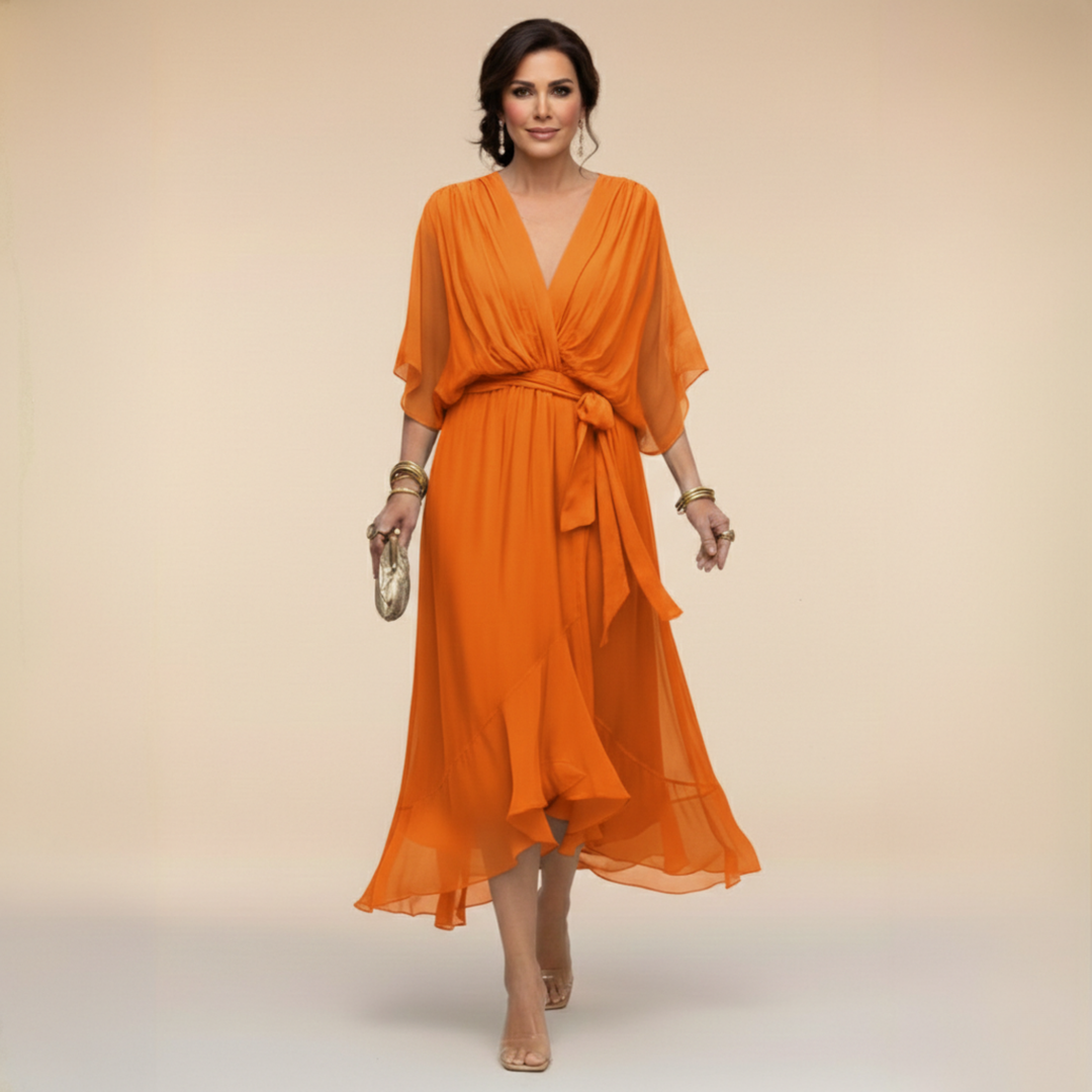 Chiffon V-Neck Dress for Women - Elegant Flowing Midi Dress