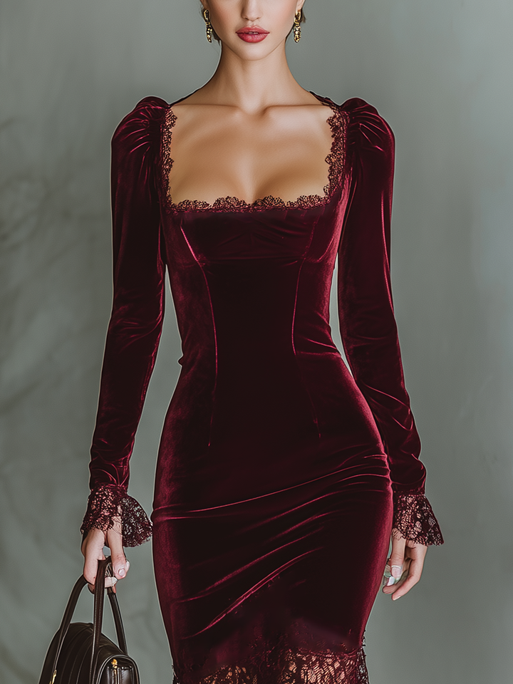 Burgundy Velvet Maxi Dress with Lace Detail for Women