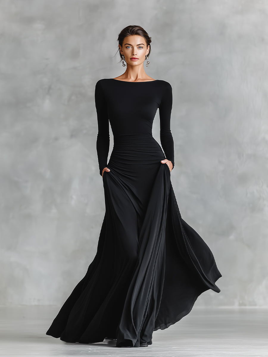 Black Maxi Dress with Ruched Bodice and Boat Neck