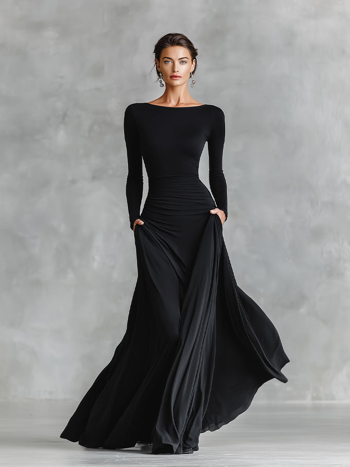 Black Maxi Dress with Ruched Bodice and Boat Neck