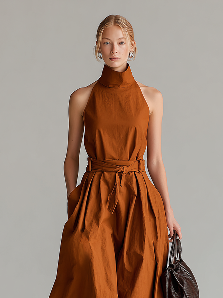 Rust Cotton Halter Dress with Tie Waist Belt