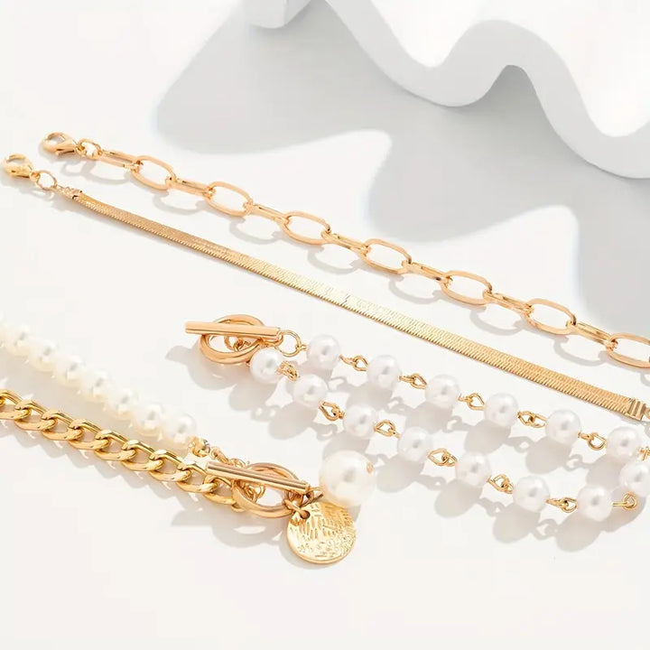 Gold Bracelet Set - Layered 4 Piece Snake Pearl Link Stack
