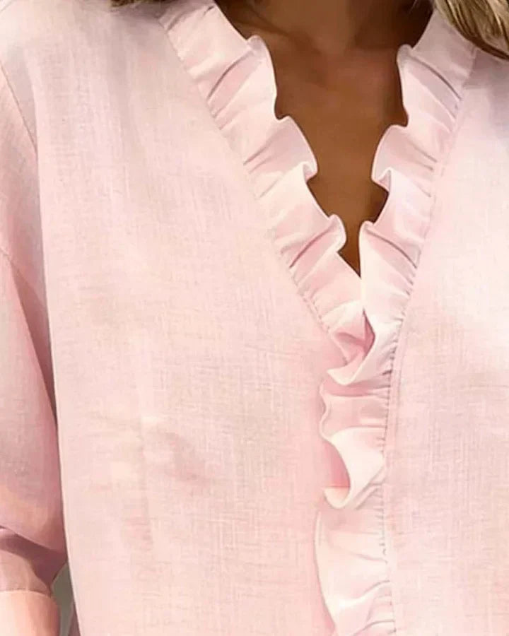 Ruffled V-Neck Blouse with Long Sleeves for Women