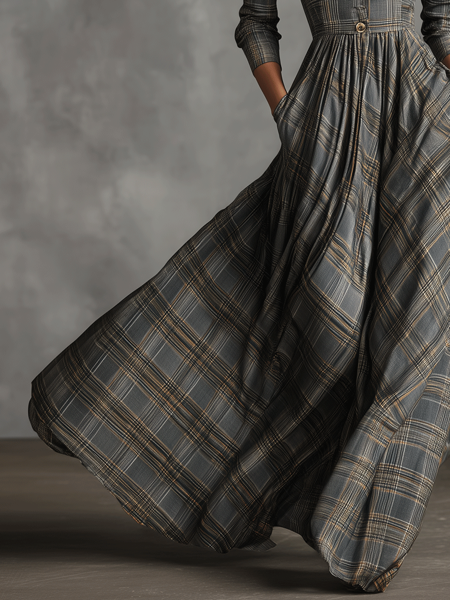 Tartan Maxi Dress for Women - Grey Linen Blend Long Sleeve