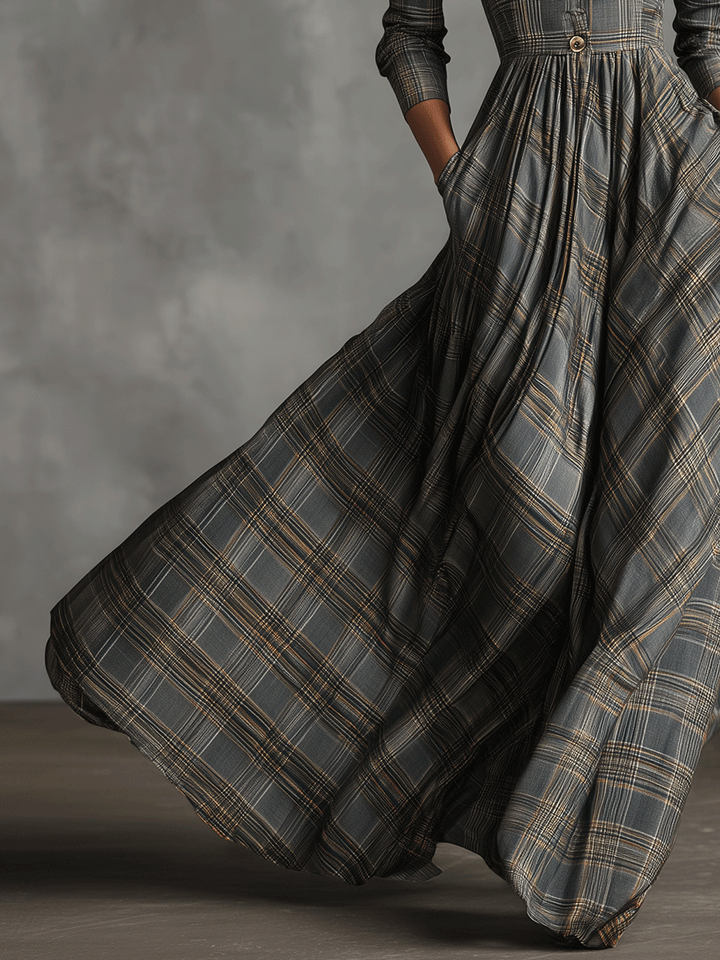 Tartan Maxi Dress for Women - Grey Linen Blend Long Sleeve