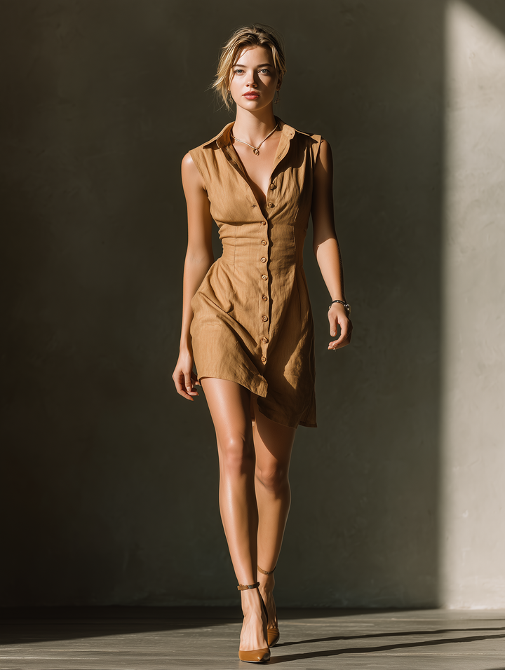 Linen Shirt Dress Sleeveless Button Front Mini Dress Camel