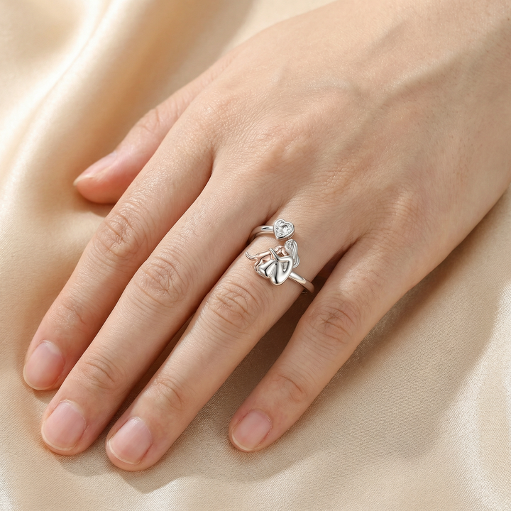 Sterling Silver Dog Lover Ring - Adjustable Heart Zirconia Band