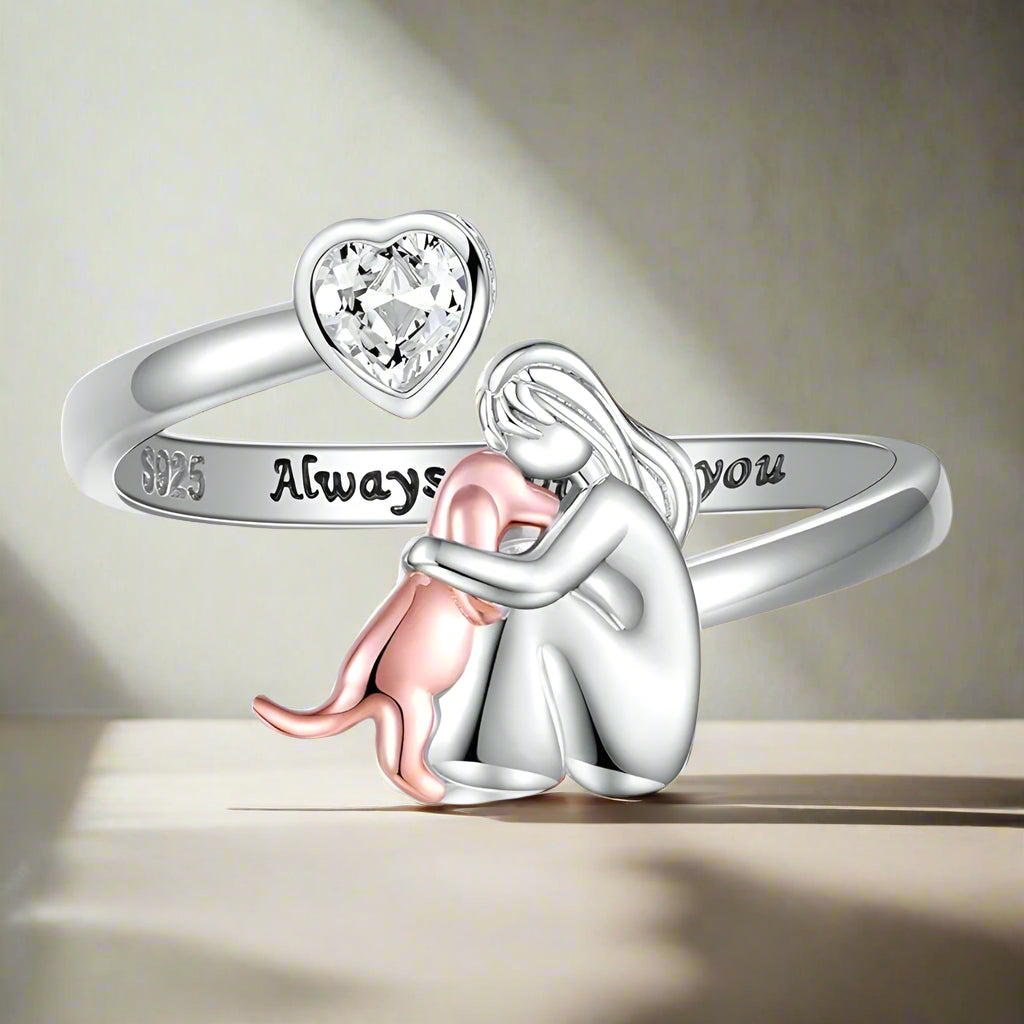 Sterling Silver Dog Lover Ring - Adjustable Heart Zirconia Band