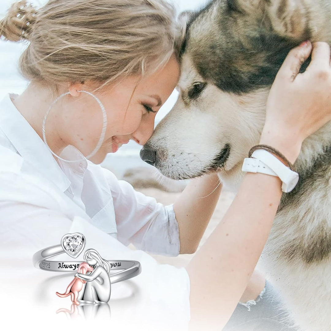 Sterling Silver Dog Lover Ring - Adjustable Heart Zirconia Band