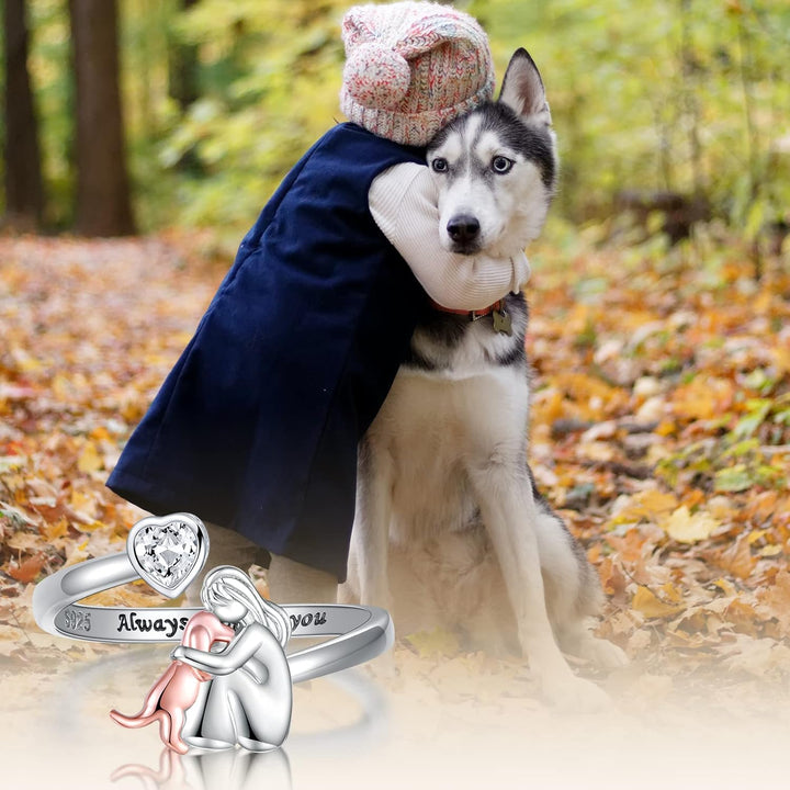 Sterling Silver Dog Lover Ring - Adjustable Heart Zirconia Band