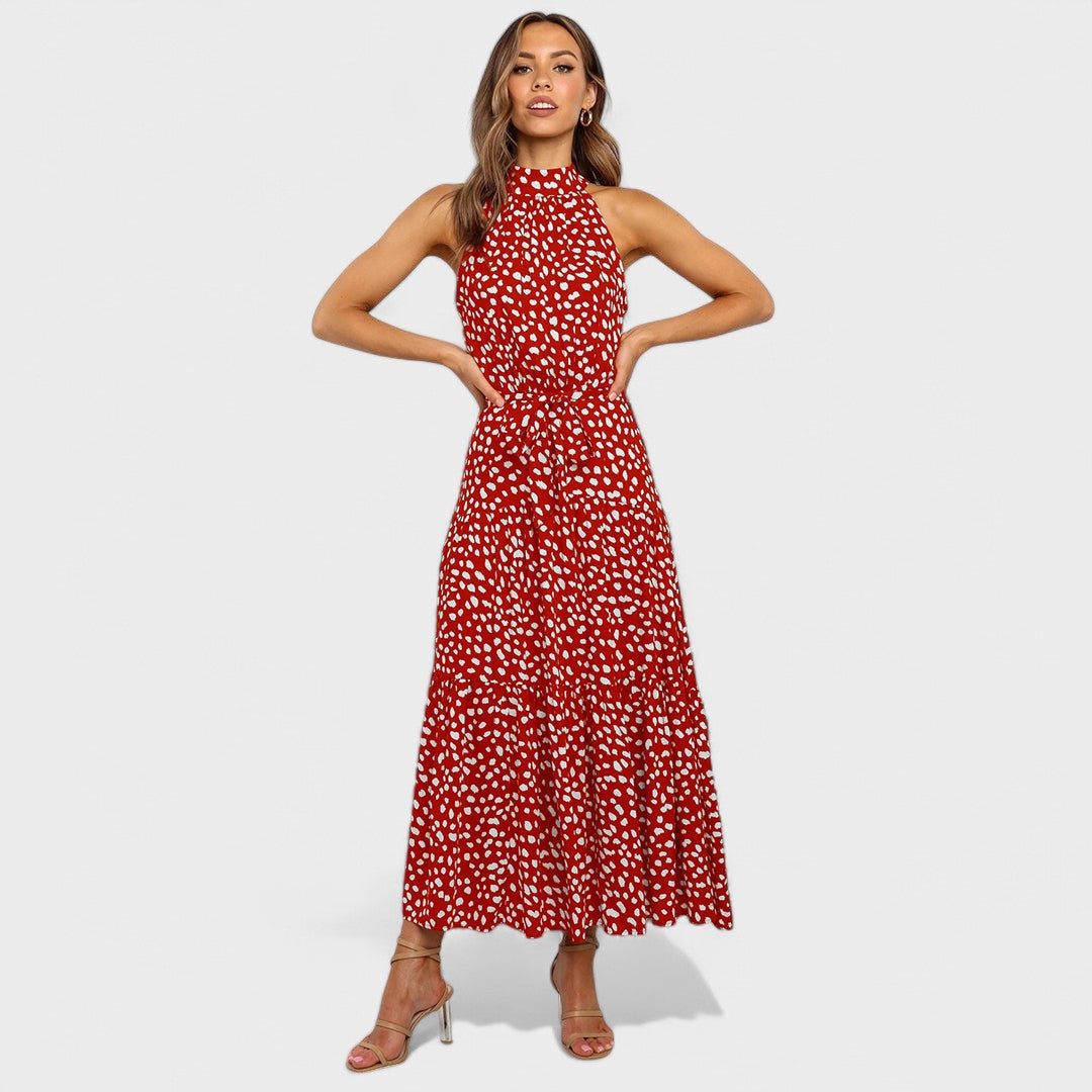 Polka Dot Maxi Dress with Open Back and Bow Waist Tie