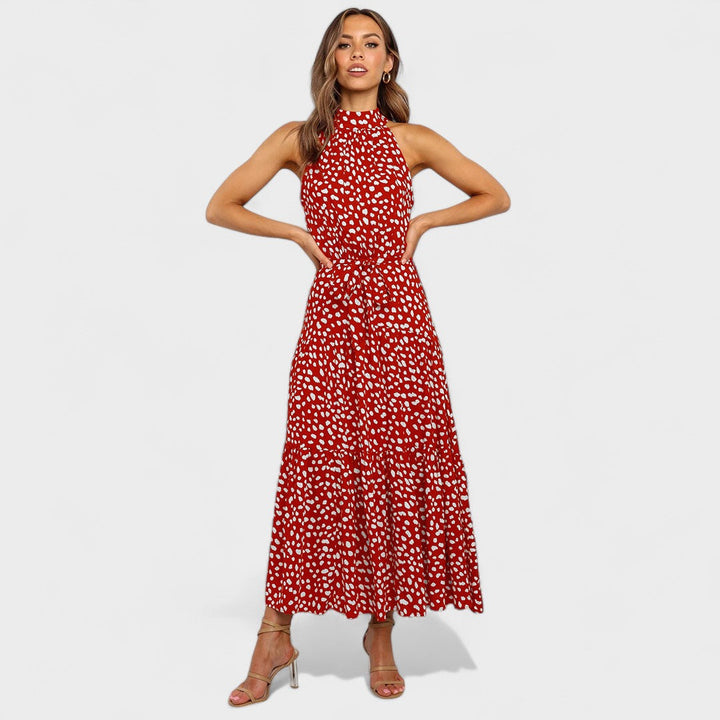 Polka Dot Maxi Dress with Open Back and Bow Waist Tie
