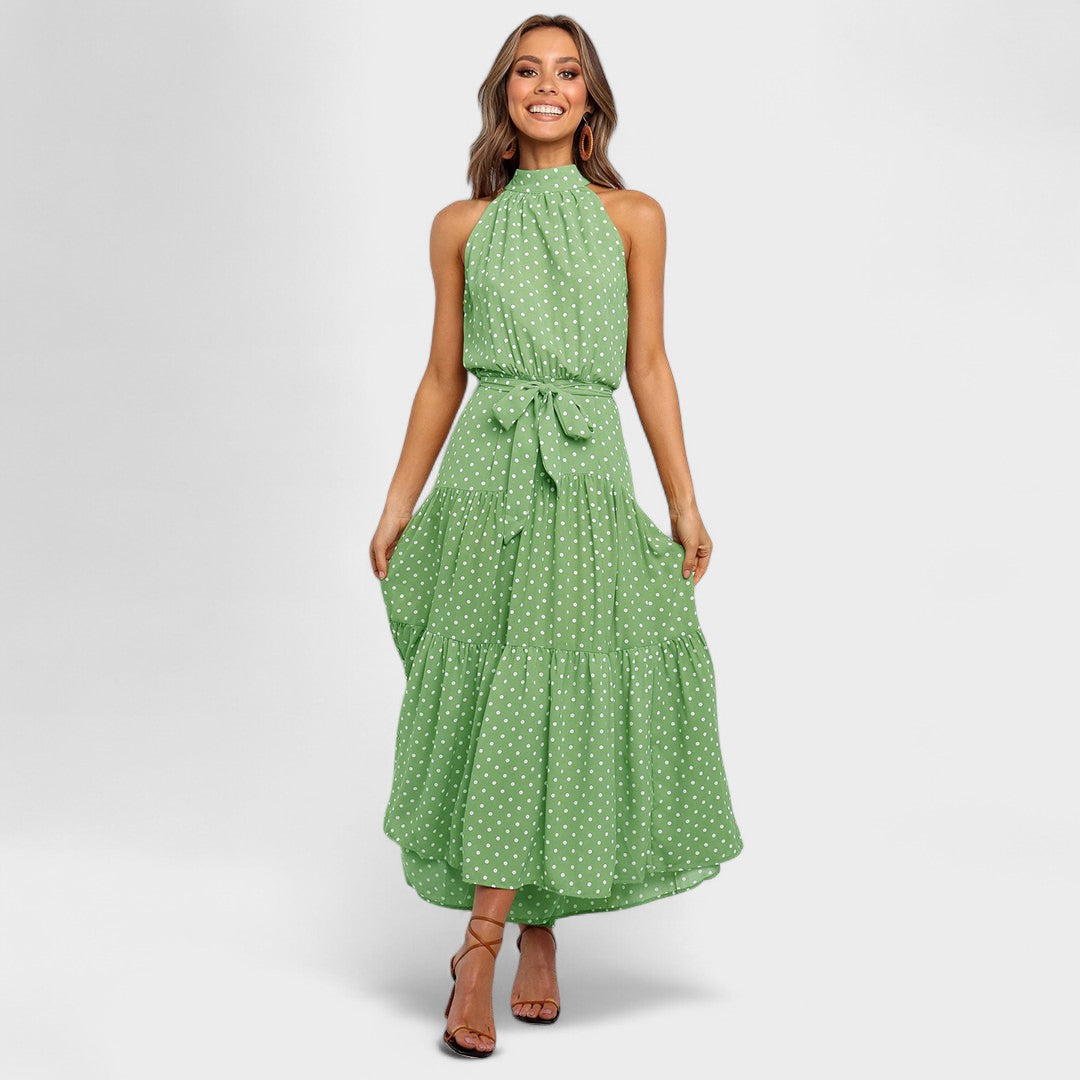Polka Dot Maxi Dress with Open Back and Bow Waist Tie