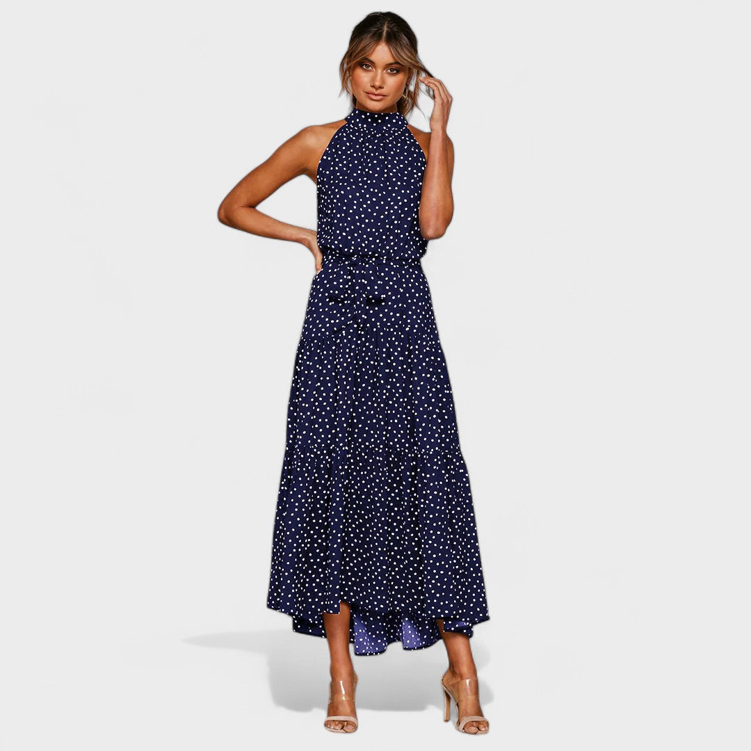 Polka Dot Maxi Dress with Open Back and Bow Waist Tie