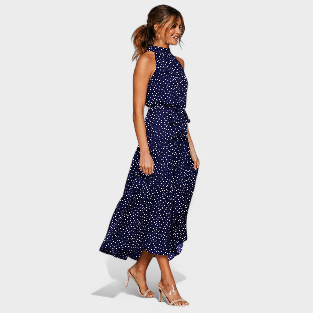Polka Dot Maxi Dress with Open Back and Bow Waist Tie
